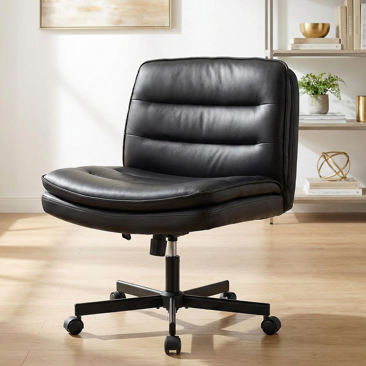 GTPLAYER Cross Legged Office Chair, Armless Desk Chair Cute Vanity Chair with Wheels Computer Chair Comfy Wide Office Chair Adjustable Swivel for Home Computer Task,Soft Velvet, Dark Grey