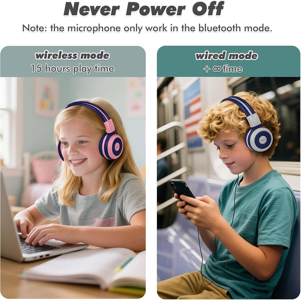 SIMOLIO Kids Wireless Headphones w/Mic for School,75/85/94dB Safe Volume