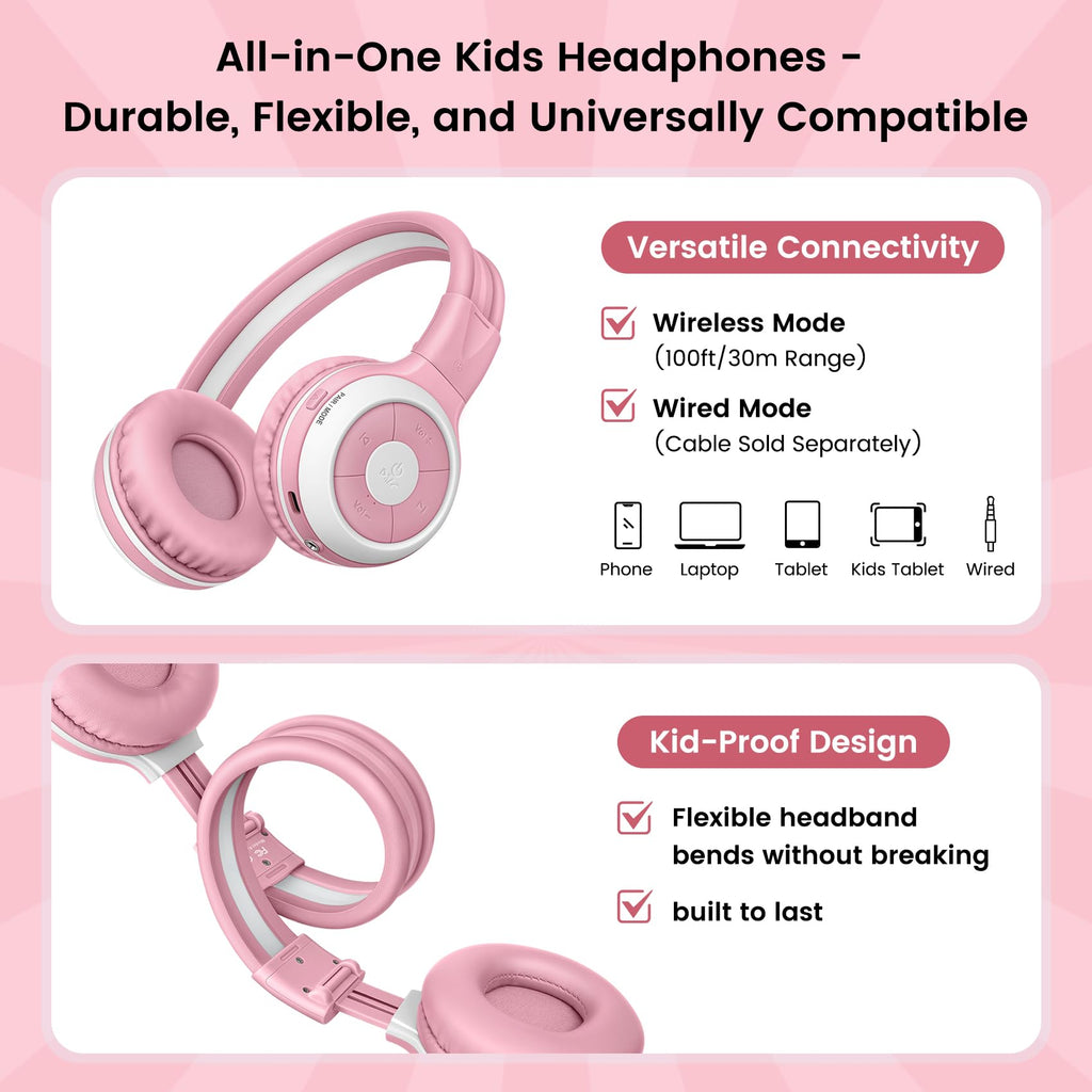 SIMOLIO Kids Wireless Headphones w/Mic for School,75/85/94dB Safe Volume