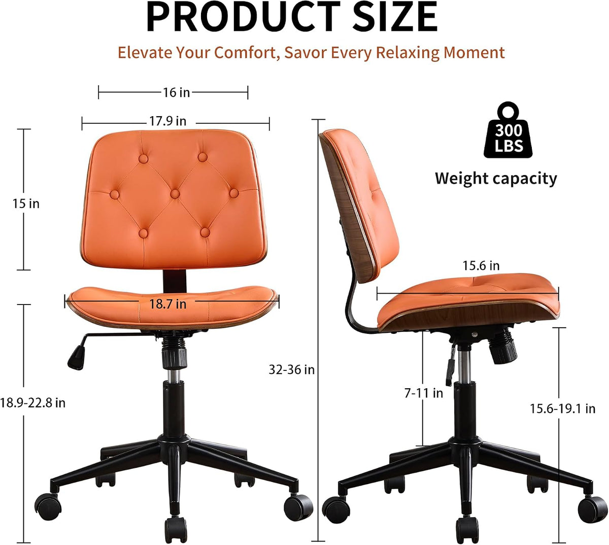 VipDesk Small Home Office Chair - Armless Mid Back Desk Chair with 360° Swivel and Wheels, PU Upholstered Height Adjustable Modern Walnut Computer Chair for Home, Office Meeting Room - Orange