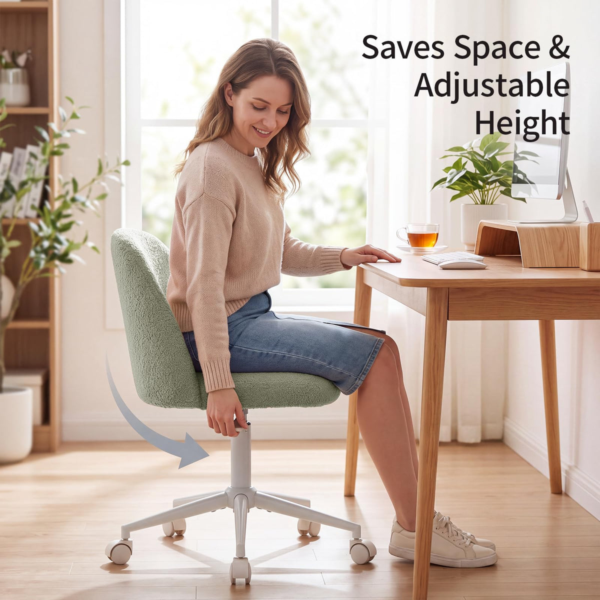White Vanity Chair with Wheels＆Back, Armless Cute Desk Chair