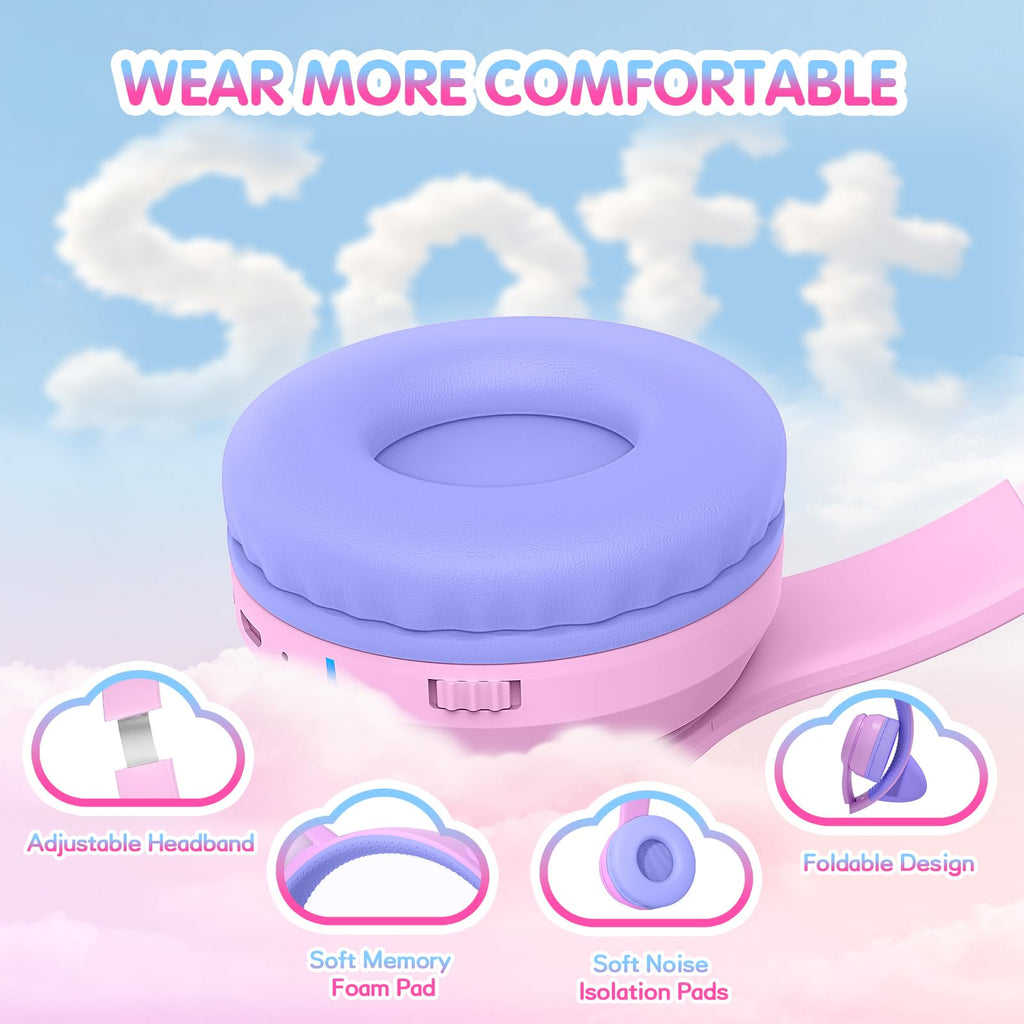 IFECCO Kids Bluetooth Headphones with Case,Cute LED Light Up Cat Ears