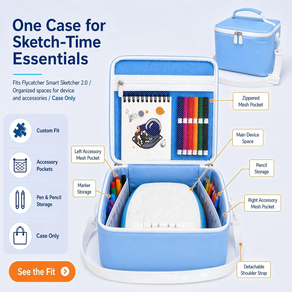 Drawing Projector for Kids Case, Compatible with Flycatcher Smart Sketcher 2.0, High-Density EPE Foam, Microfiber PU with Dry-Coated Finish, Pen & Accessory Pockets (Blue, Case Only)