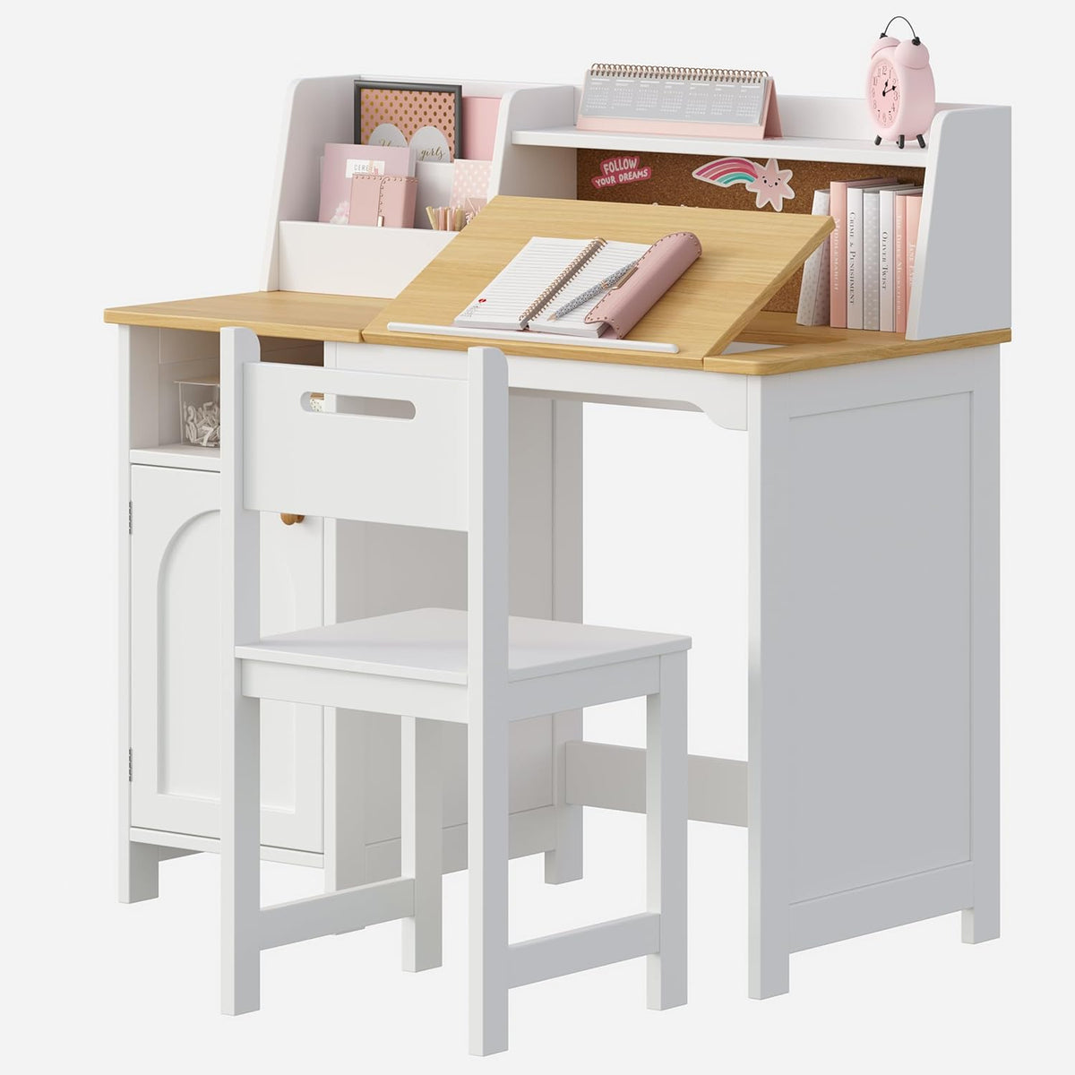 Treocho Kids Study Desk and Chair Set with Tiltable Desktop for 3-8 Years