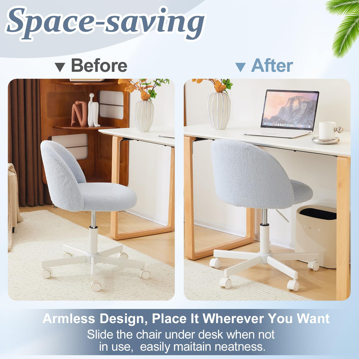 VINGLI Cute Candy Chair Armless Comfy Small Office Desk Vanity Chair with Wheels & Lumbar Support,Teddy Adjustable Rolling Swivel Computer Task Ch for Home Office,Bedroom,Gentle Pink