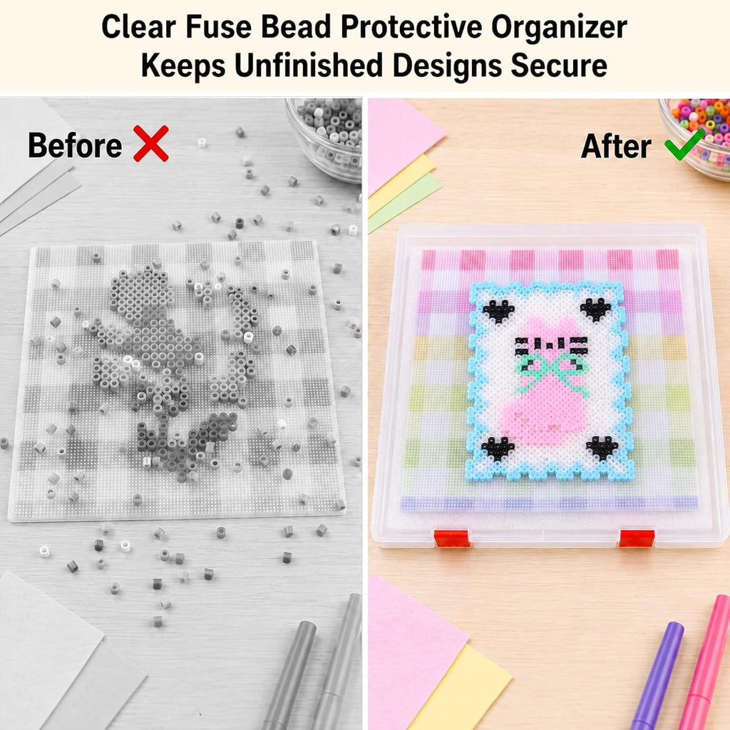TOSGN 2 Pack Fuse Bead Storage Box, Clear Plastic Project Case with Removable Foam Pads and Secure Snap Latches, 12.6 x 12.4 x 1 in Craft Storage Organizer for Unfinished Bead Art and Pegboards