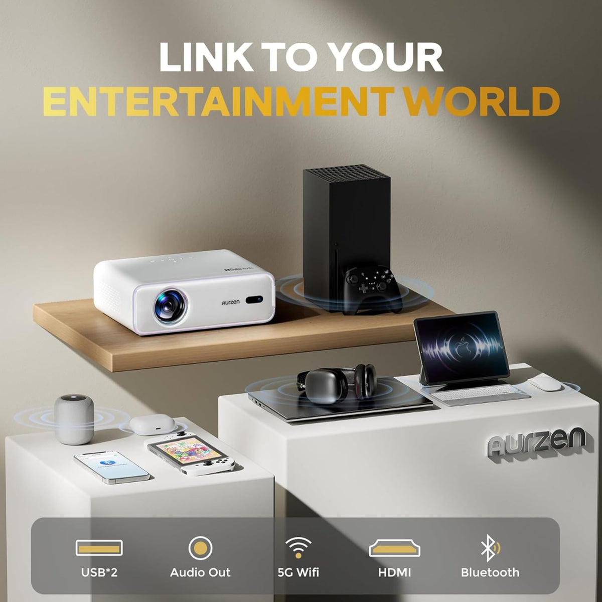 Aurzen Roku TV D1R Smart Portable Outdoor Projector with WiFi and Bluetooth