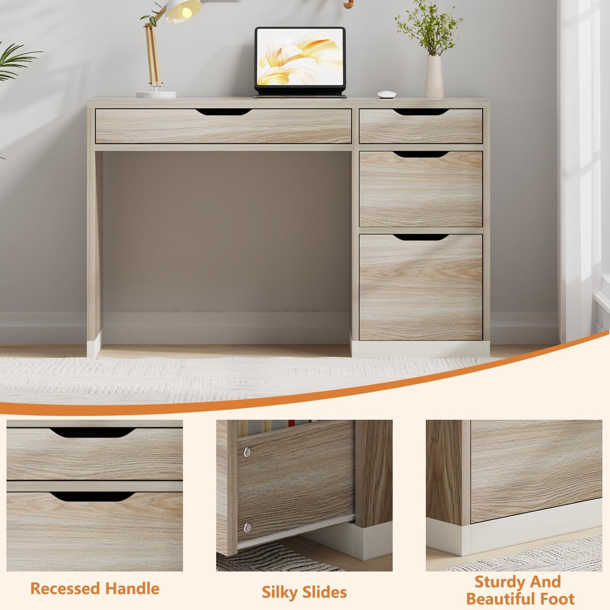 MaverickFurni White Desk with Drawers, 48 Inch Small Computer Desk