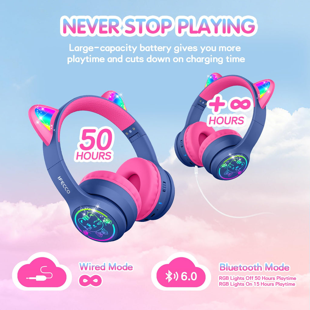 IFECCO Kids Bluetooth Headphones with Case,Cute LED Light Up Cat Ears