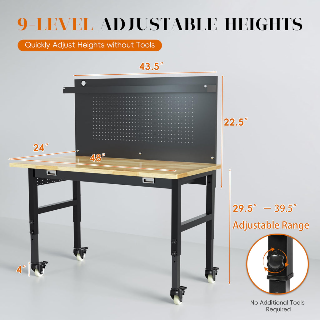 Betterhood 48" Heavy-Duty Adjustable Workbench for Garage, Rubber Wood Shop Table W/Metal Wheels, Hardwood Workstation Weight Capacity Over 2000 Lbs with Wheels