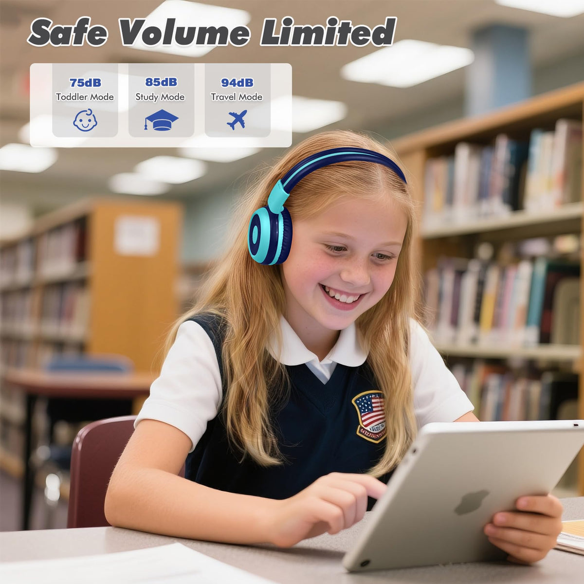 SIMOLIO Kids Wireless Headphones w/Mic for School,75/85/94dB Safe Volume