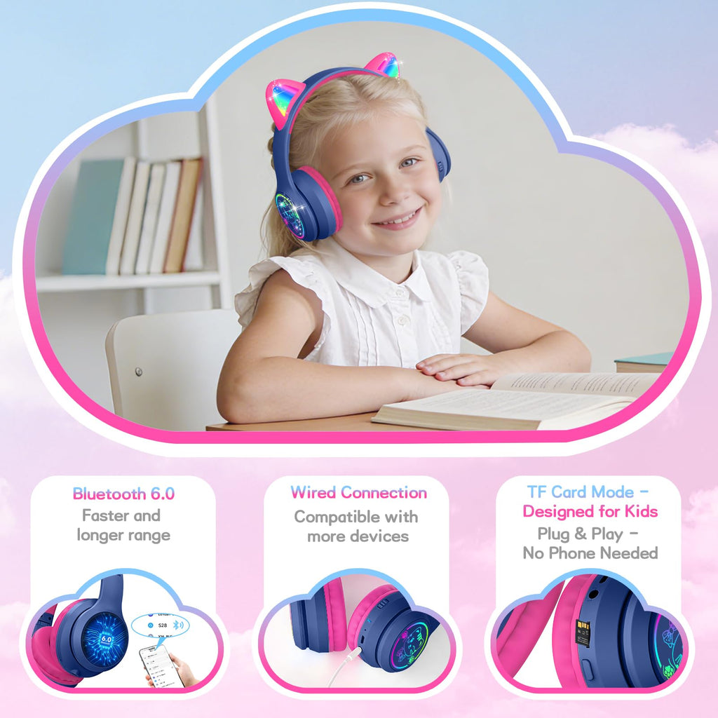 IFECCO Kids Bluetooth Headphones with Case,Cute LED Light Up Cat Ears