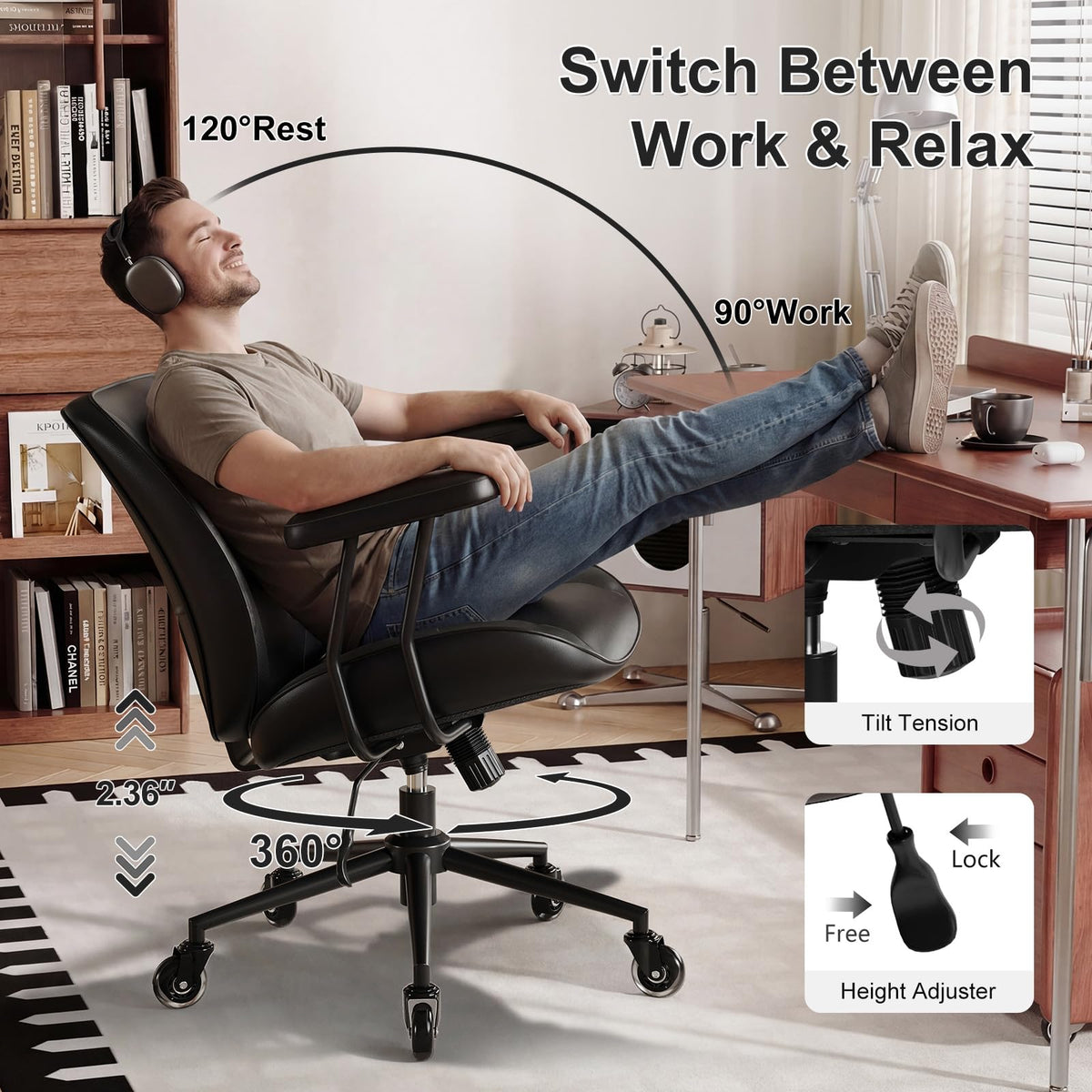 BFZ Leather Home Office Desk Chair with Lumbar Support, Brown
