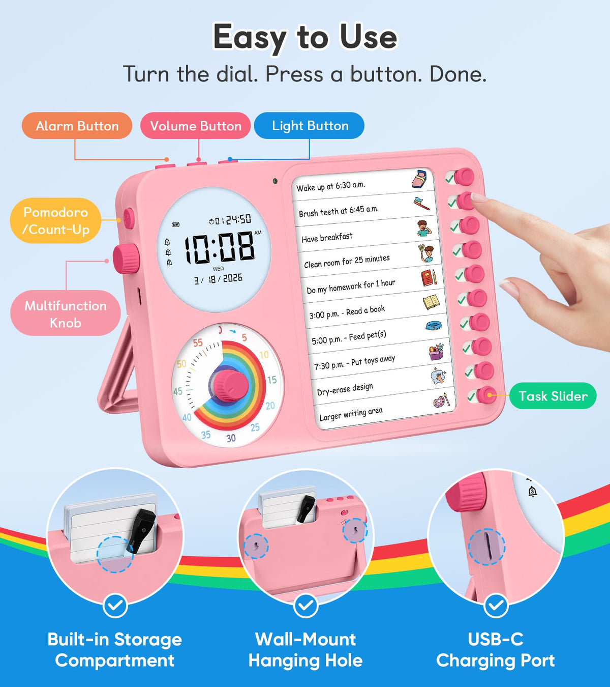 3-in-1 Visual Timer & ADHD Tool for Kids – ADHD Task Timer for Adults with Visual Schedule, Chore Chart & Planning Board for Home, School, Classroom, Work (White)