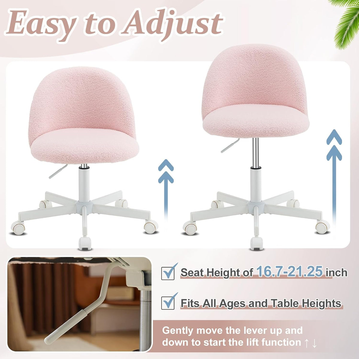 VINGLI Cute Candy Chair Armless Comfy Small Office Desk Vanity Chair with Wheels & Lumbar Support,Teddy Adjustable Rolling Swivel Computer Task Ch for Home Office,Bedroom,Gentle Pink
