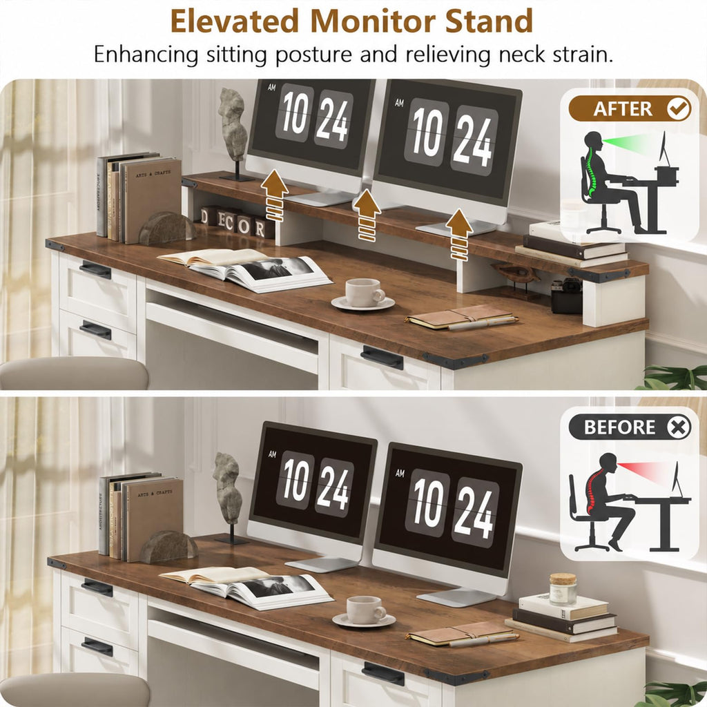 Vabches 51" Executive Desk Farmhouse Home Office Desk with Charging Station, LED Light, File Drawer, Storage Cabinet, Monitor Stand, Wood Computer Desk with Hutch for Work Study Writing (White)