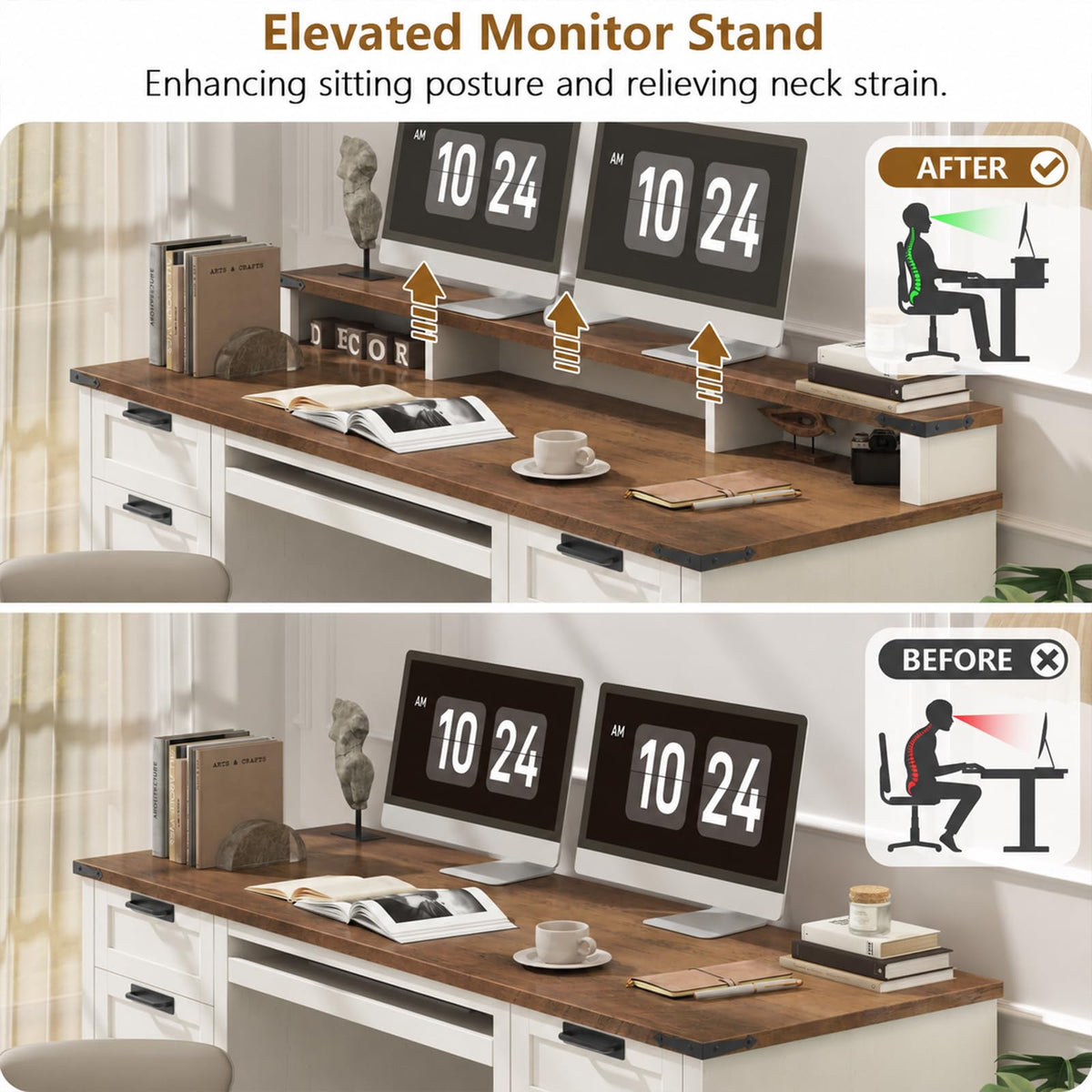Vabches 51" Executive Desk Farmhouse Home Office Desk with Charging Station, LED Light, File Drawer, Storage Cabinet, Monitor Stand, Wood Computer Desk with Hutch for Work Study Writing (White)