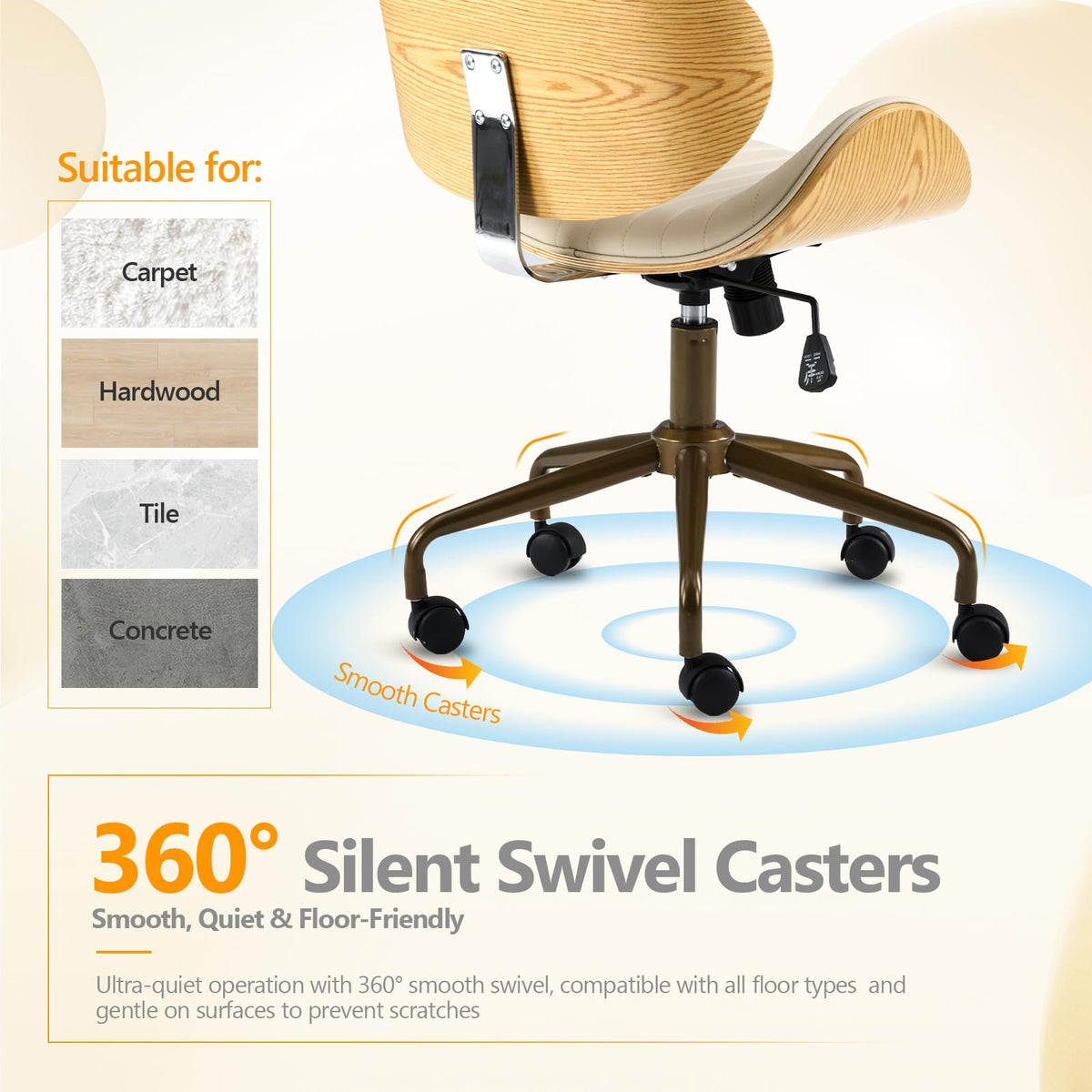 VINGLI Wide Comfotable Swivel Home Office Chair with Wood-Grain Curved Shell,Ergomomic Mid-Back Padded Armless Modern Desk Chair with Wheels,Height Adjustable for Computer,Task,Work,Microfiber,Rustic