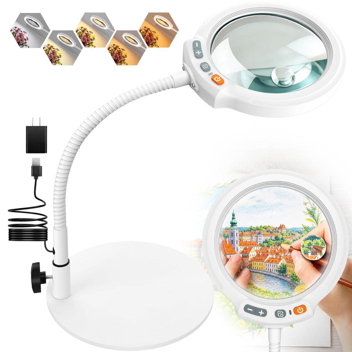 30X 10X Large Magnifying Glass with Light and Stand, 5-Inch Optical Grade HD Lens, 5 Color Modes Stepless Dimmable LED Desk Lamp, Hands Free Gooseneck Lighted Magnifier for Craft Painting Close Work