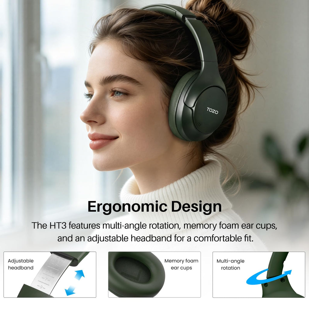 TOZO HT3 Hybrid Noise Cancelling Wireless Headphones, 90H Over Ear Headset