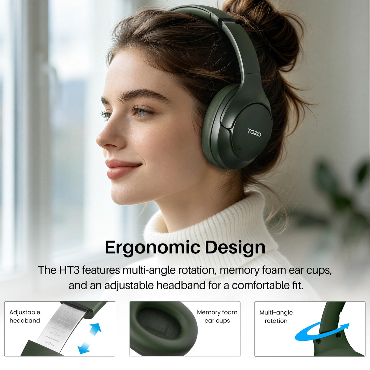 TOZO HT3 Hybrid Noise Cancelling Wireless Headphones, 90H Over Ear Headset
