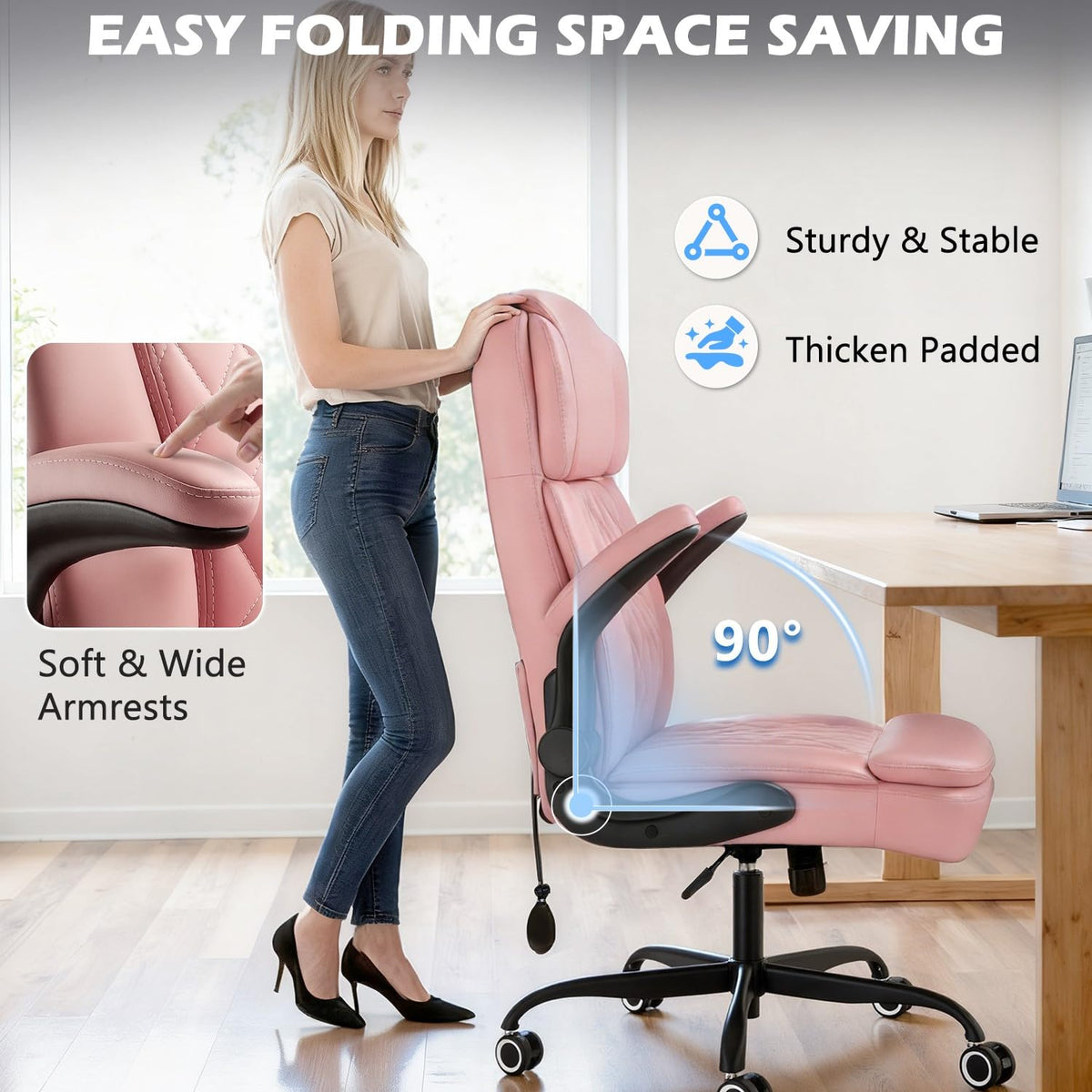 450LBS Big and Tall Executive Office Chair with Flip up Arm, Heavy Duty PU Leather Computer Desk Chair,Comfortable High Back Swivel Home Office Chair with Rolling for Adults,Spring Cushion,Metal Base