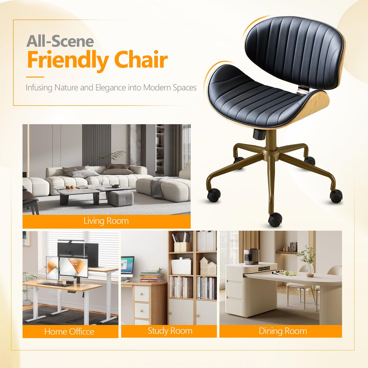 VINGLI Wide Comfotable Swivel Home Office Chair with Wood-Grain Curved Shell,Ergomomic Mid-Back Padded Armless Modern Desk Chair with Wheels,Height Adjustable for Computer,Task,Work,Microfiber,Rustic
