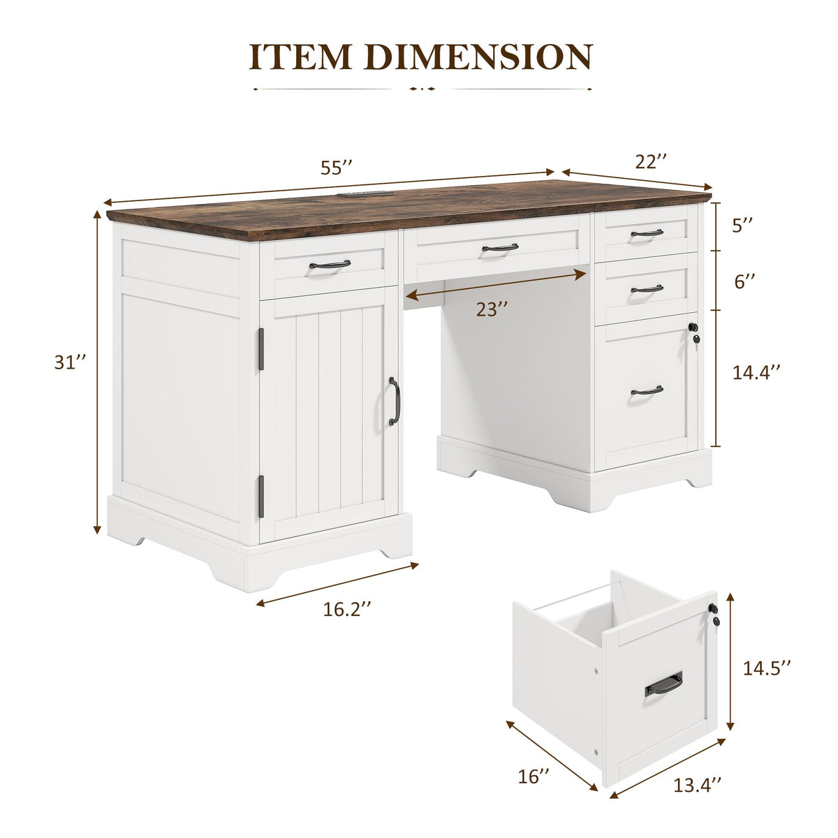 Whalefall: 55" Farmhouse Executive Desk with Drawers & Charging Station