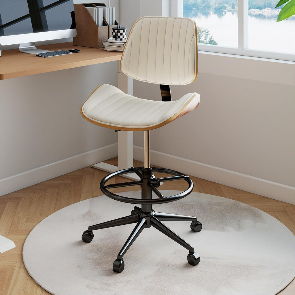 Drafting Chair, Ergonomic Office Chair with Walnut Wood Back Support, Armless PU Leather Desk Chair with Height-Adjustable, Thick Cushion for Home Office, Drafting, Art Studio (Beige)
