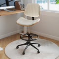 Drafting Chair, Ergonomic Office Chair with Walnut Wood Back Support, Armless PU Leather Desk Chair with Height-Adjustable, Thick Cushion for Home Office, Drafting, Art Studio (Beige)