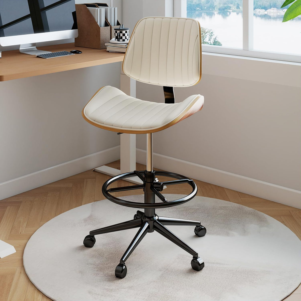 Drafting Chair, Ergonomic Office Chair with Walnut Wood Back Support, Armless PU Leather Desk Chair with Height-Adjustable, Thick Cushion for Home Office, Drafting, Art Studio (Beige)