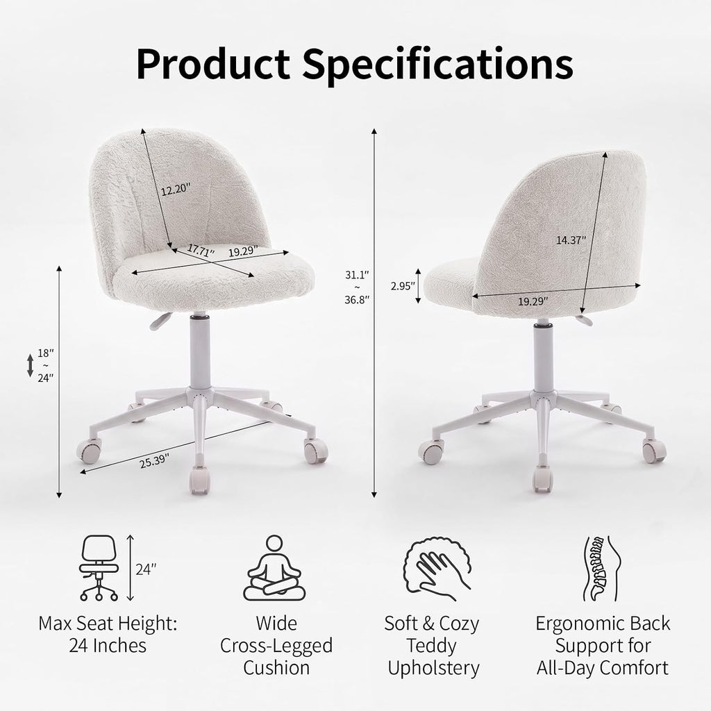White Vanity Chair with Wheels＆Back, Armless Cute Desk Chair