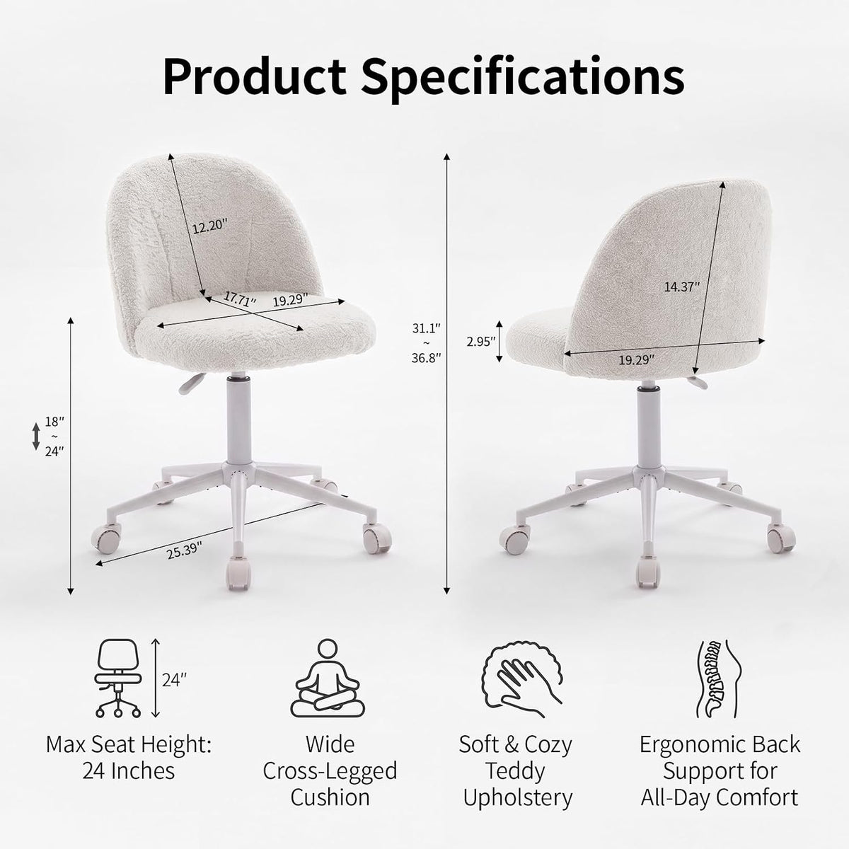 White Vanity Chair with Wheels＆Back, Armless Cute Desk Chair