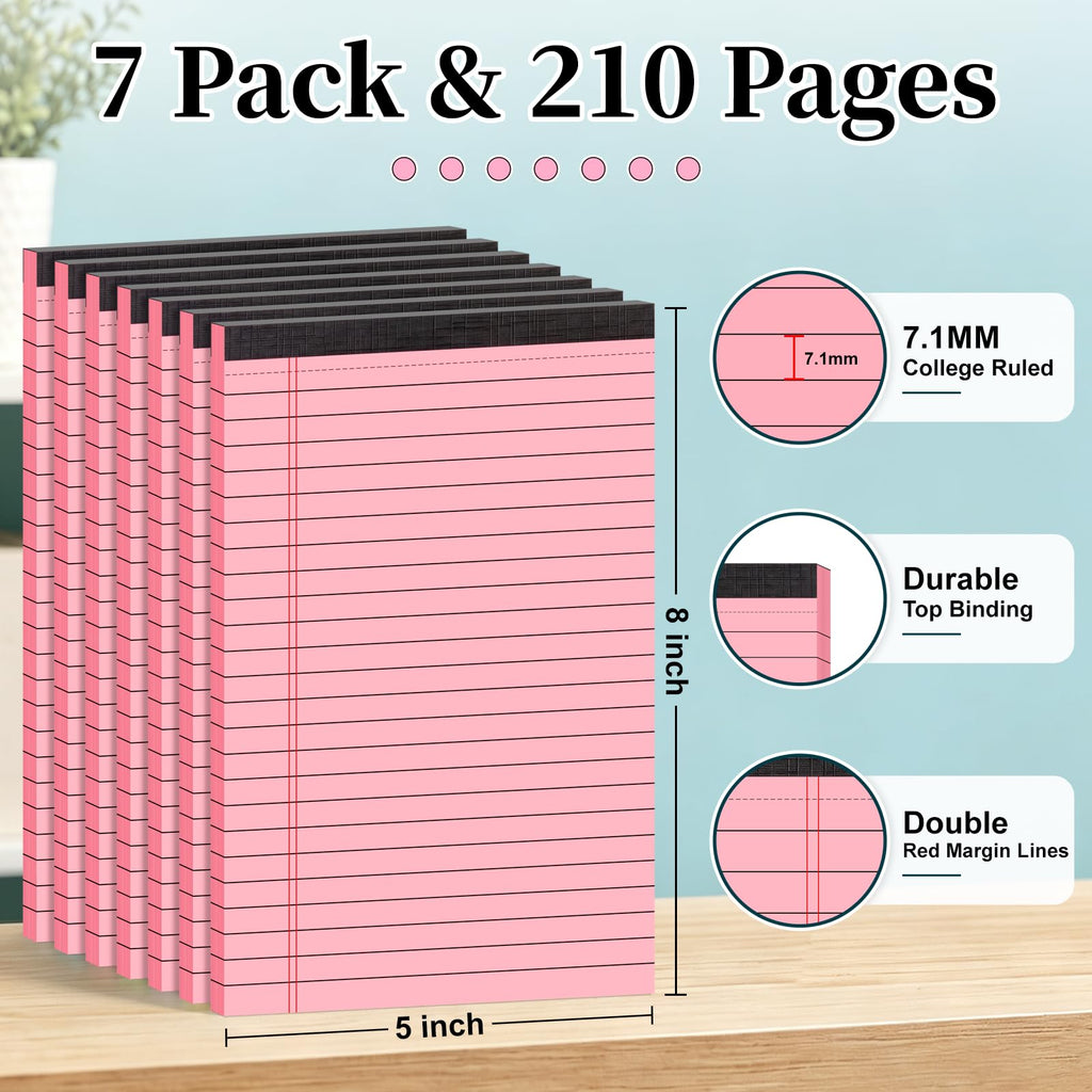 7 PCS Note Pads 5x8 Small Legal Pads 210 Sheets, Perforated Small Notebook Notepad 5 x 8 ,College Ruled Lined Paper Pads 80GSM, Mini Hard Backing Writing Pads Memo for Work School &Office Supplies-Multicolor