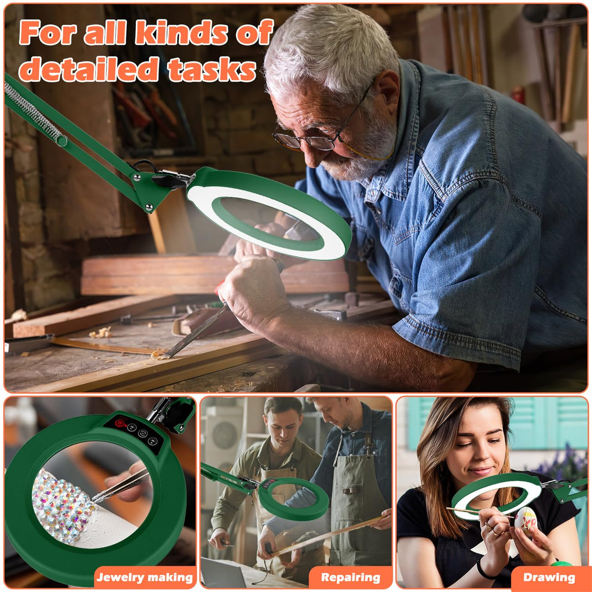 30X 12X Square Magnifying Glass with Light and Clamp, 36'' Ultra Long Lamp