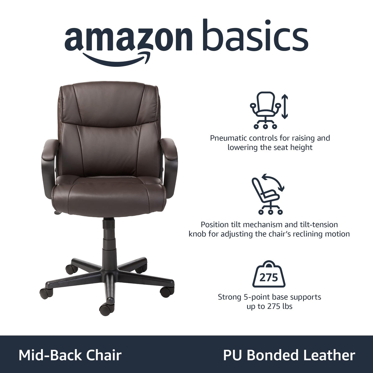 Amazon Basics Office Task Chair with Adjustable Height, 360° Swivel, Padded Armrests, Mid-Back, Rolling, 275 Pound Capacity, 24.2"D x 24"W x 34.8"H, Black Faux Leather
