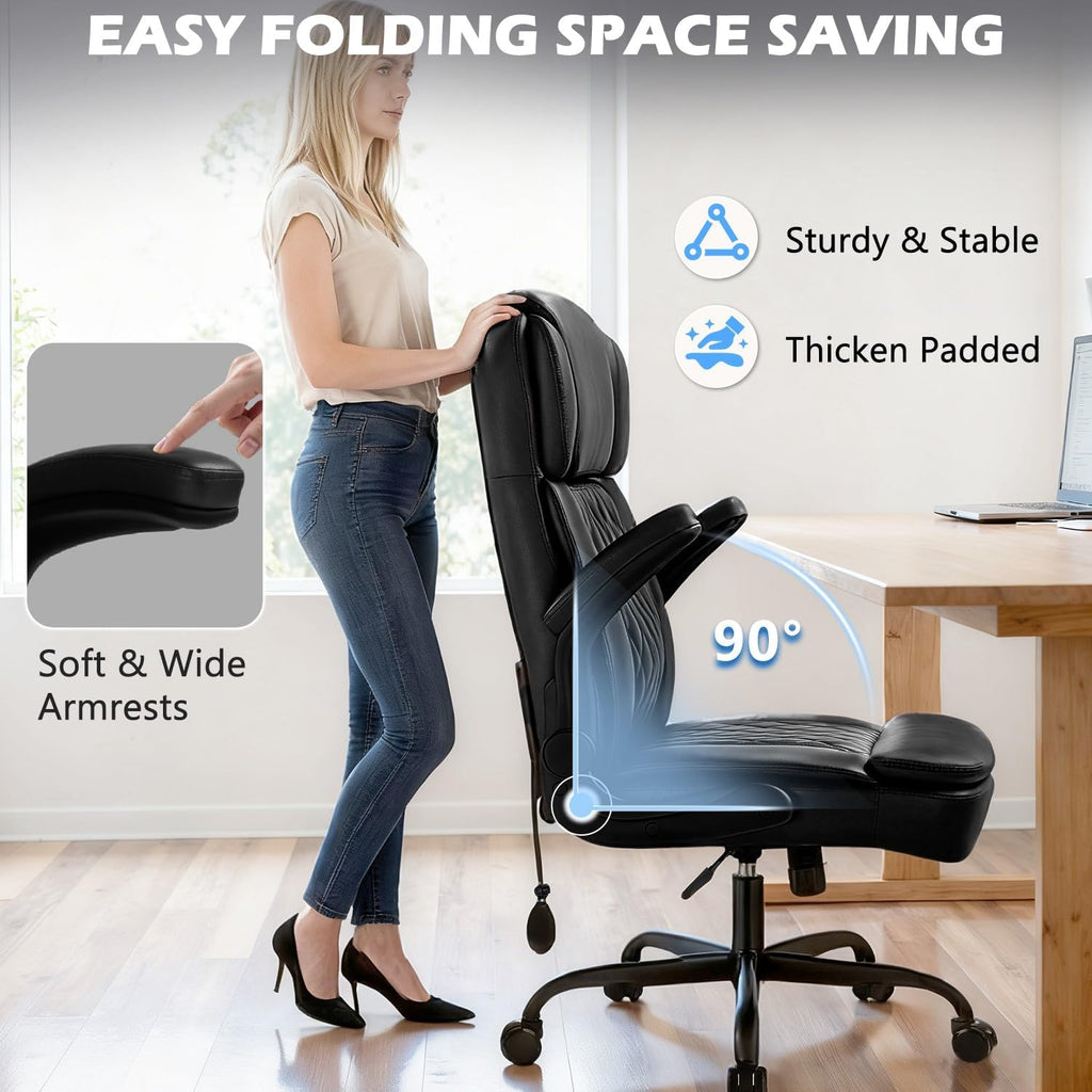 450LBS Big and Tall Executive Office Chair with Flip up Arm, Heavy Duty PU Leather Computer Desk Chair,Comfortable High Back Swivel Home Office Chair with Rolling for Adults,Spring Cushion,Metal Base
