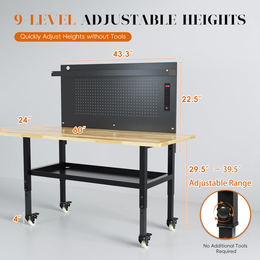 Betterhood 48" Heavy-Duty Adjustable Workbench for Garage, Rubber Wood Shop Table W/Metal Wheels, Hardwood Workstation Weight Capacity Over 2000 Lbs with Wheels