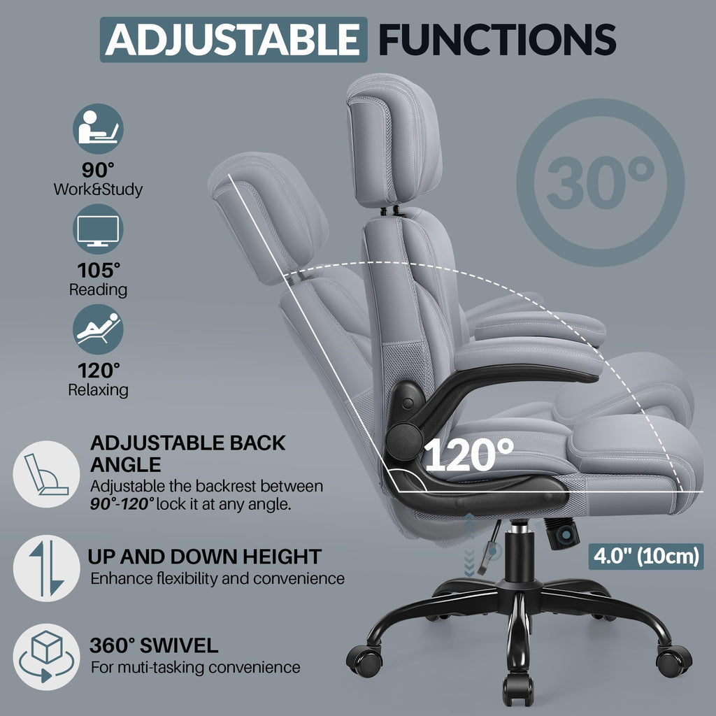 HeroSet Office Chair, Ergonomic Big and Tall Computer Desk Chairs, Executive Breathable Leather Chair with Adjustable Flip-up Armrests, Lumbar Support Swivel PC Chair with Rocking Function,Matte Black