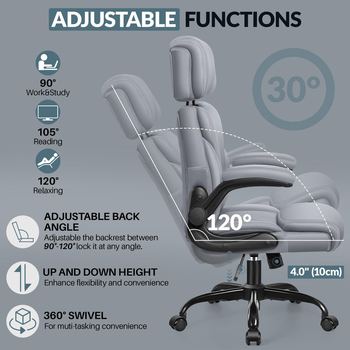 HeroSet Office Chair, Ergonomic Big and Tall Computer Desk Chairs, Executive Breathable Leather Chair with Adjustable Flip-up Armrests, Lumbar Support Swivel PC Chair with Rocking Function,Matte Black