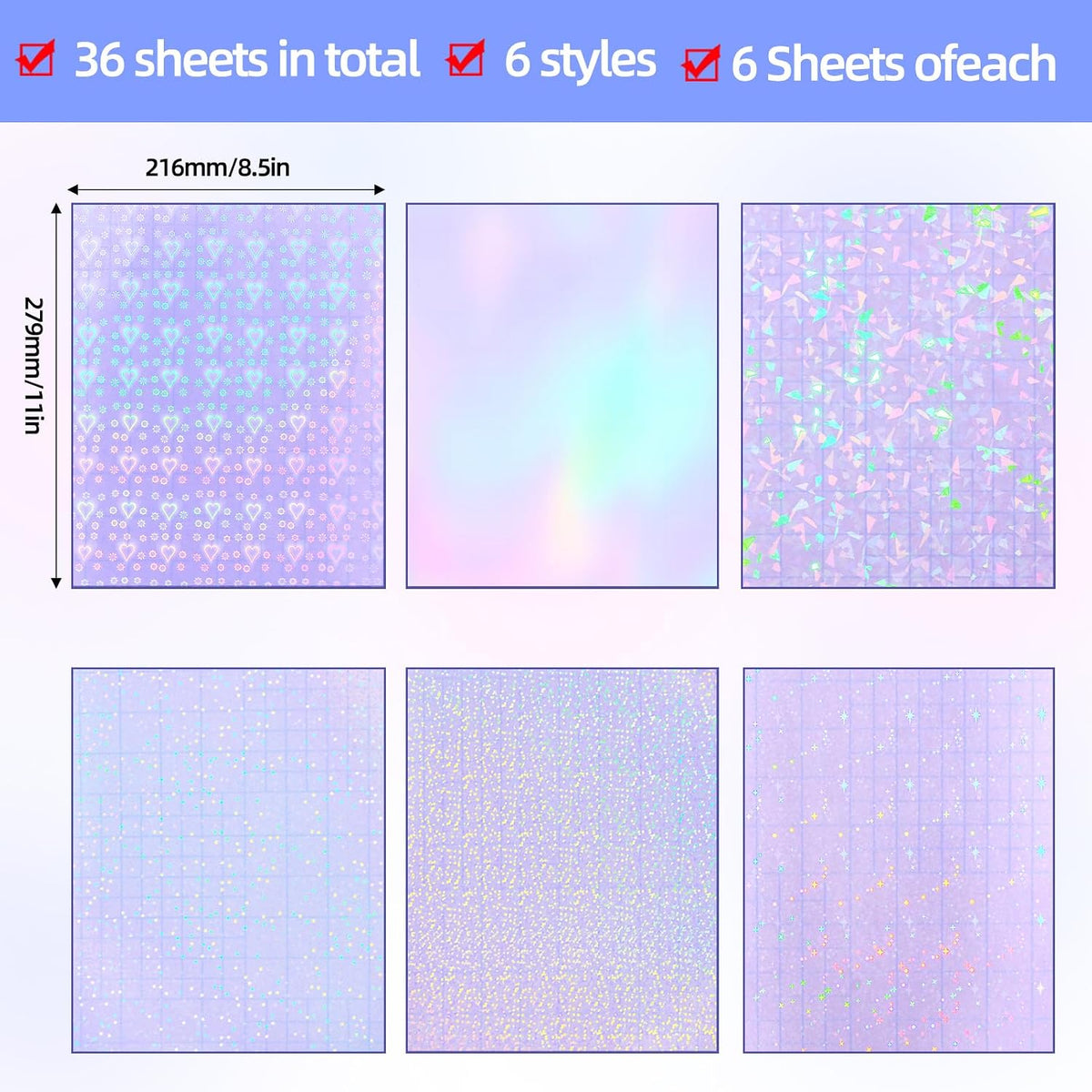 36 Sheets Holographic Laminating Sheets Clear Self Adhesive Sticker Paper