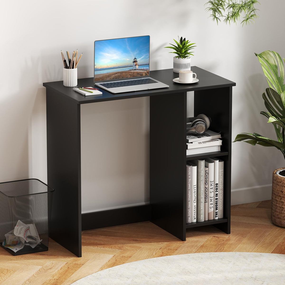 LDAILY Small Desk with 2-Tier Shelves, Compact Computer Writing Desk(White)