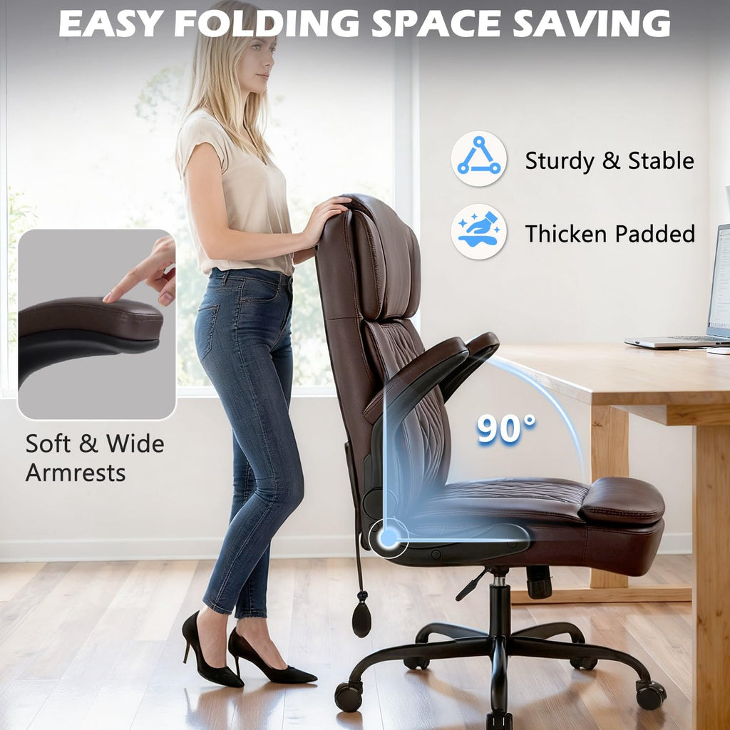 450LBS Big and Tall Executive Office Chair with Flip up Arm, Heavy Duty PU Leather Computer Desk Chair,Comfortable High Back Swivel Home Office Chair with Rolling for Adults,Spring Cushion,Metal Base