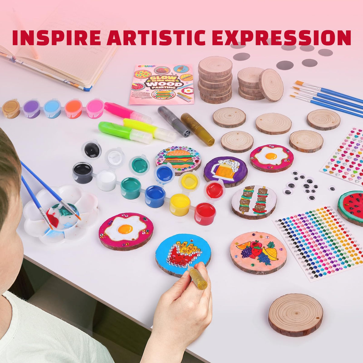 Wooden Painting Kit for Kids, Arts and Crafts Gift Set for Boys Girls 6-12