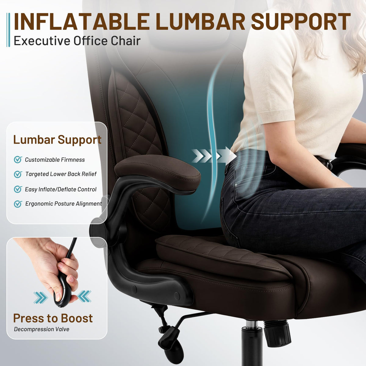 Ergonomic Office Chair, PU Leather High Back Executive Chair with Adjustable Inflatable Lumbar Support and Padded Flip-Up Arms, Recline Swivel Task Computer Chair for Home Office, Khaki