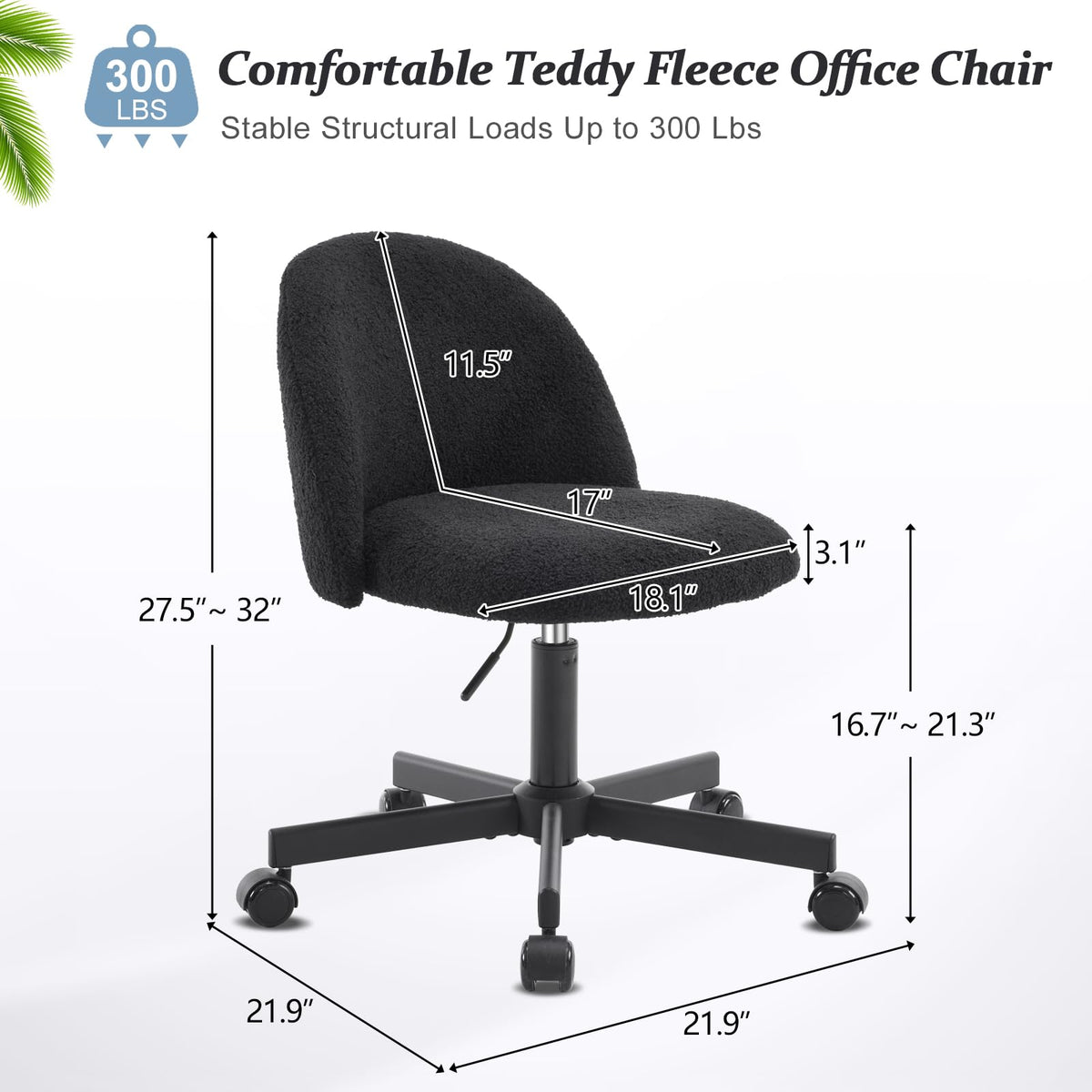 VINGLI Cute Candy Chair Armless Comfy Small Office Desk Vanity Chair with Wheels & Lumbar Support,Teddy Adjustable Rolling Swivel Computer Task Ch for Home Office,Bedroom,Gentle Pink