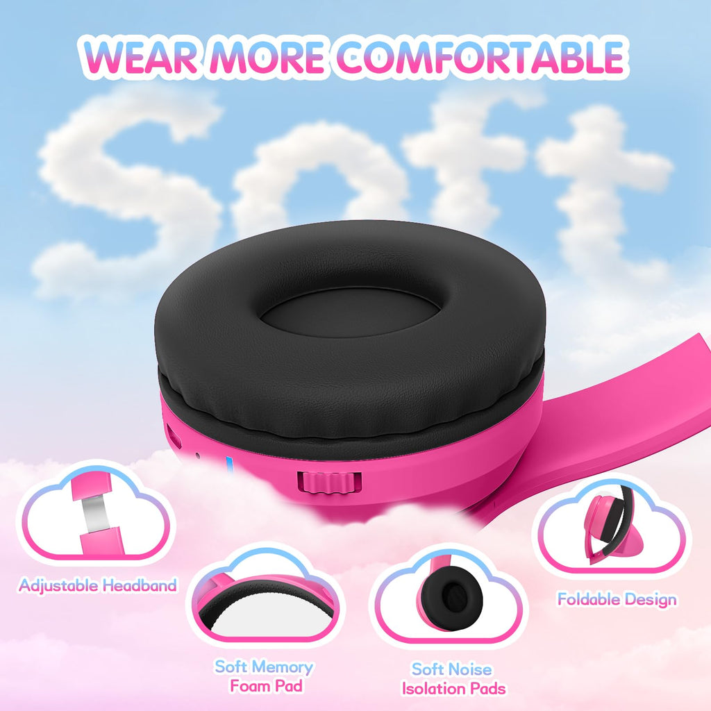 IFECCO Kids Bluetooth Headphones with Case,Cute LED Light Up Cat Ears