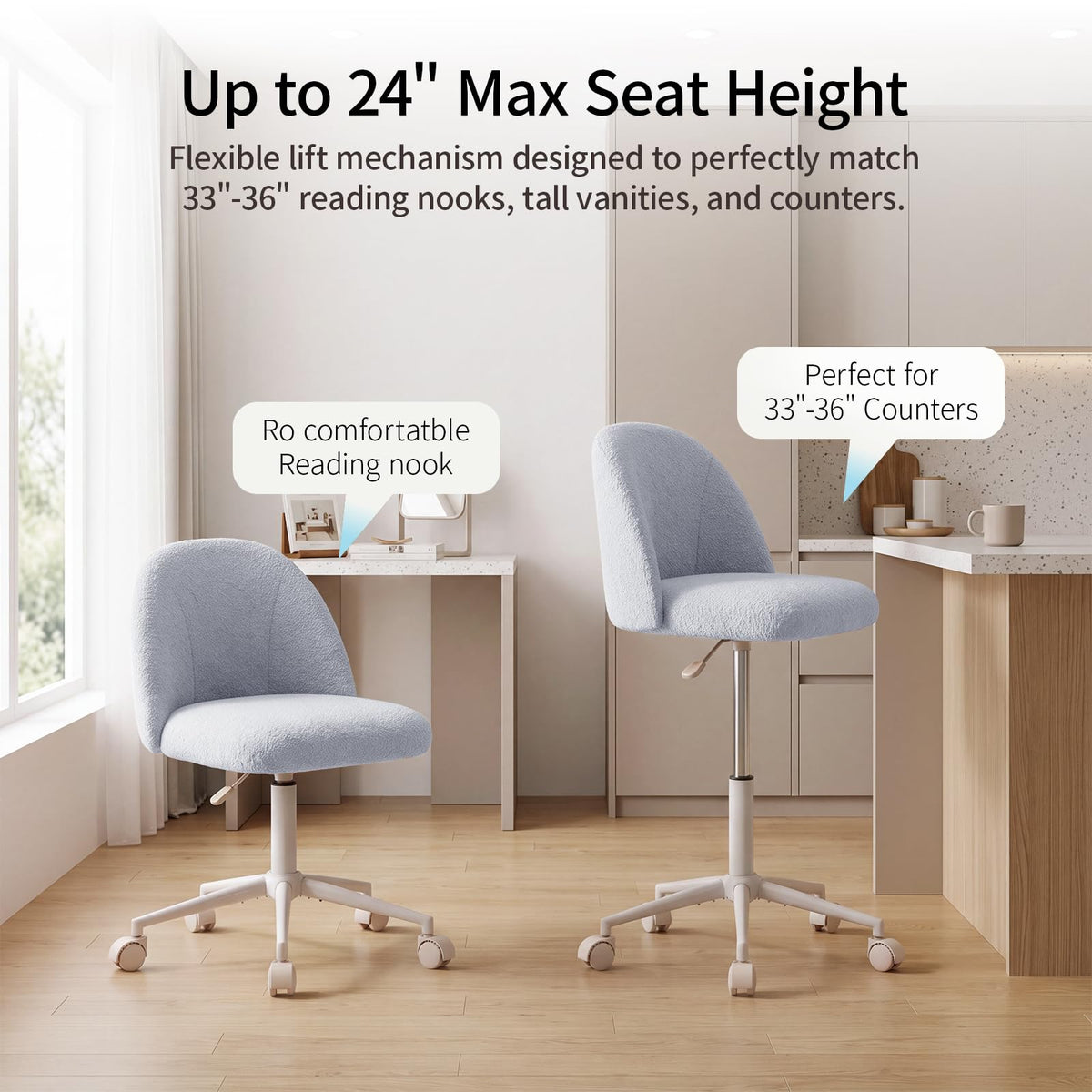 White Vanity Chair with Wheels＆Back, Armless Cute Desk Chair