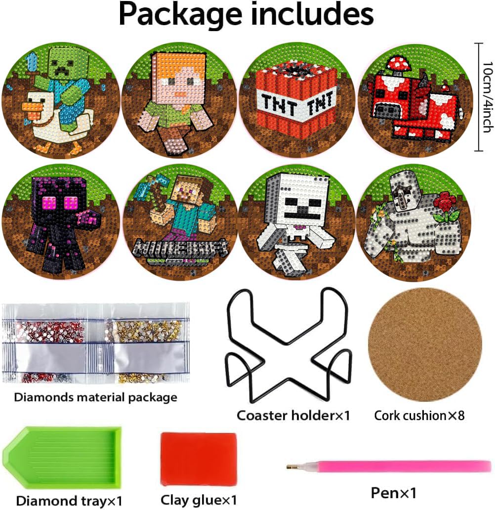 GQYCZZ 10pack kit Kids Diamond Art Painting Keyrings - Double Sided MC Mosaic Kits for Boys and Girls - Arts and Crafts for Ages 6+12,Mini Gem Art Birthday and Festival Gift Key Pendant Decor