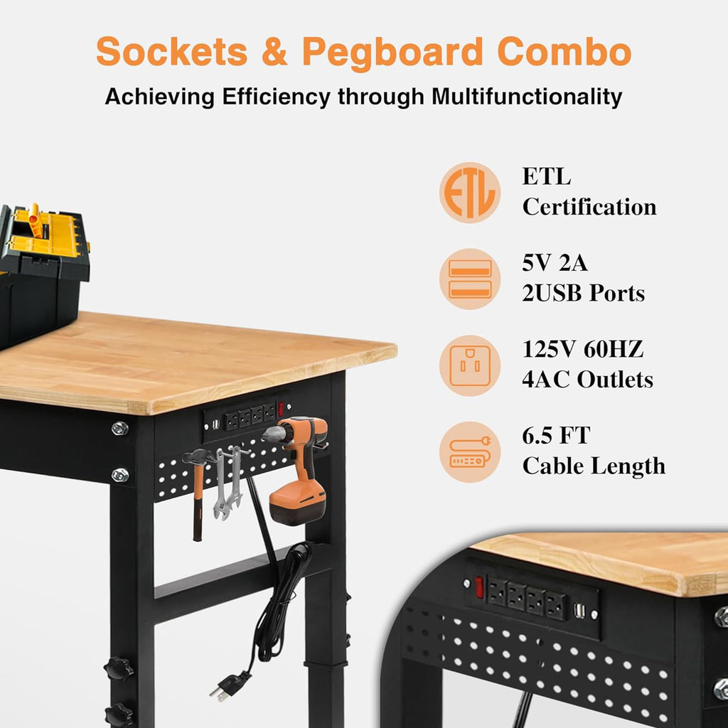 Betterhood 48" Heavy-Duty Adjustable Workbench for Garage, Rubber Wood Shop Table W/Metal Wheels, Hardwood Workstation Weight Capacity Over 2000 Lbs with Wheels